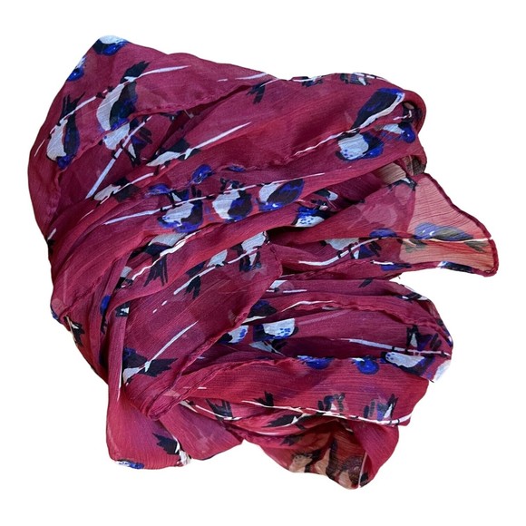 Pair Lightweight Bird Print Scarf, Maroon, Fashion Scarf, Hair Tie, Summer Wrap - Picture 5 of 7
